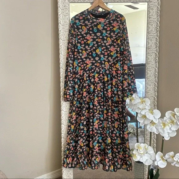 NWT Nasty Gal Floral Print Maxi Mid Smock Long Sleeves Women Cool Vibes Dress - Picture 2 of 9